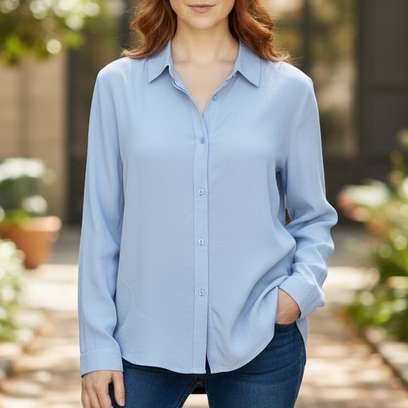 Sezane Blue 100 Percent Silk Long Sleeve Shirt Collar ButtonUp Blouse Size 38 - Picture 3 of 10